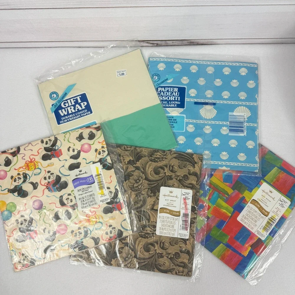 Vintage Hallmark Gift Wrap Lot 5 Packs Pandas Seashells Abstract Floral Designs